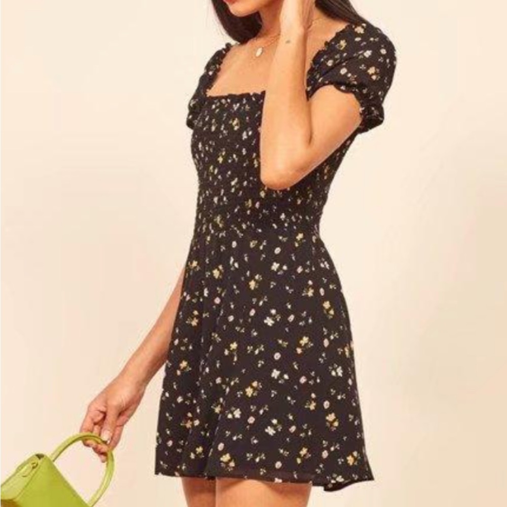 reformation floral mini with puff sleeve